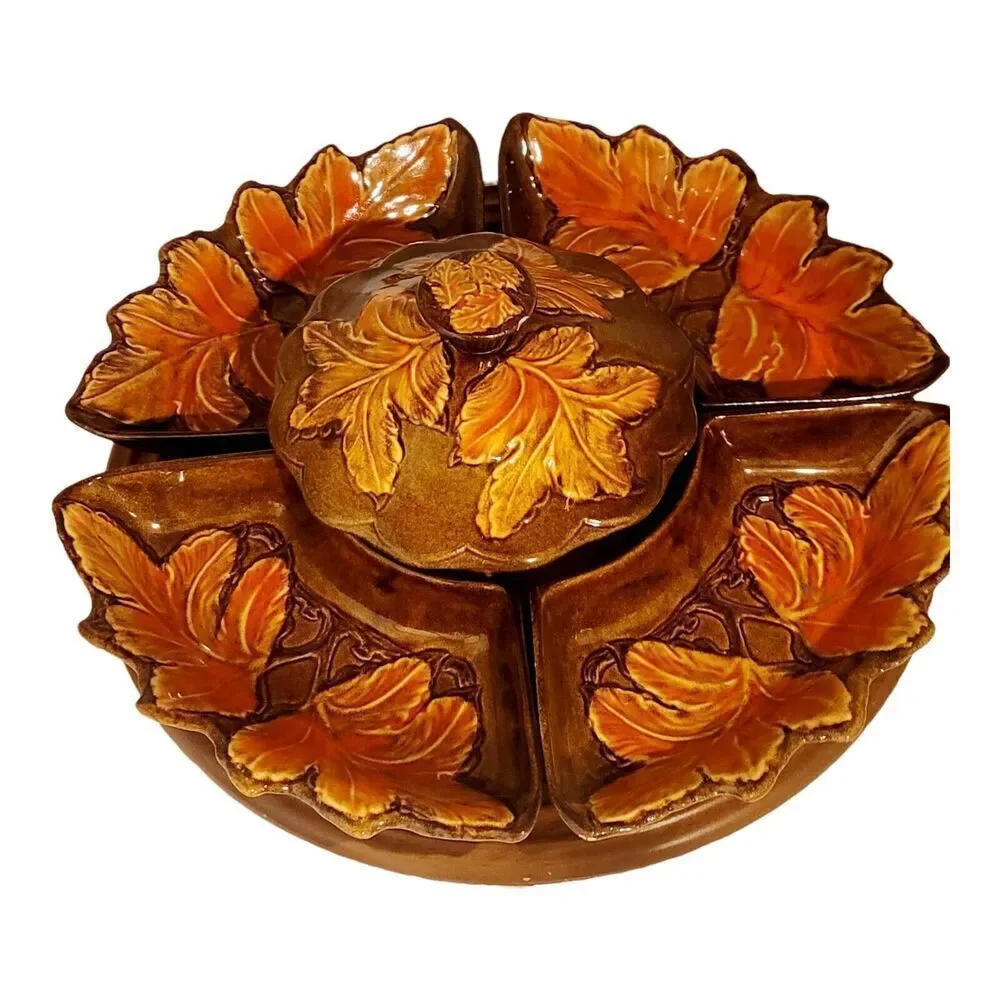 7 Pc Vintage Lazy Susan Fall Themed Red‎ Yellow Leaves Pottery Serving Set USA